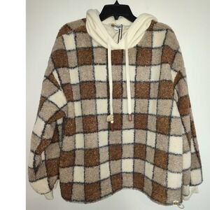 B.Duck Teens Checkered Sherpa Fleece Hoodie Brown Cream XL NWT